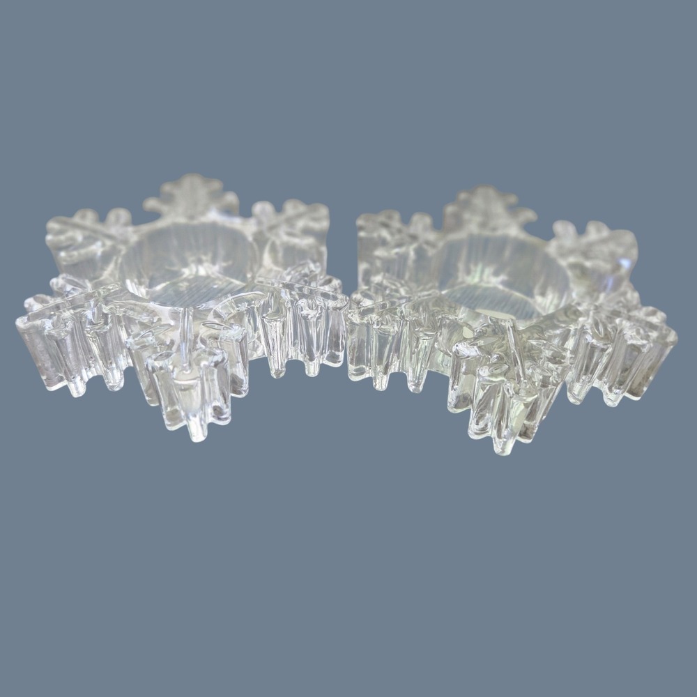 PartyLite Clear Glass Snowflake Tealight Candle Holders Set of 2 with Box